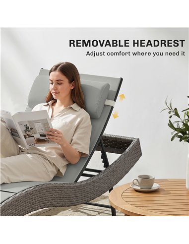Outsunny Rattan Sun Lounger, Garden Recliner with 5 Position Adjustable Back, S Shaped Texteline Seat, Headrest, Light Grey