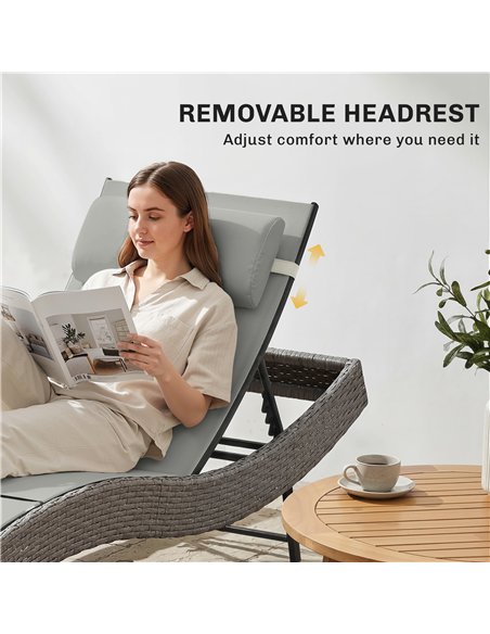 Outsunny Rattan Sun Lounger, Garden Recliner with 5 Position Adjustable Back, S Shaped Texteline Seat, Headrest, Light Grey - pic 199274 | FastDaddyshop