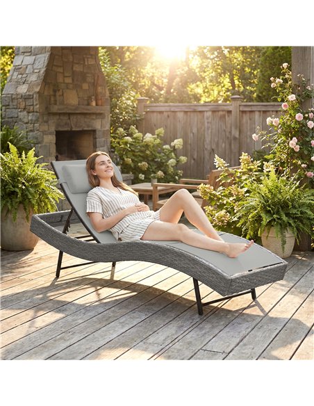 Outsunny Rattan Sun Lounger, Garden Recliner with 5 Position Adjustable Back, S Shaped Texteline Seat, Headrest, Light Grey - pic 199275 | FastDaddyshop