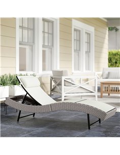Outsunny Rattan Sun Lounger, Garden Recliner with 5 Position Adjustable Back, S Shaped Texteline Seat, Headrest, Cream White 2