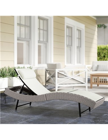Outsunny Rattan Sun Lounger, Garden Recliner with 5 Position Adjustable Back, S Shaped Texteline Seat, Headrest, Cream White