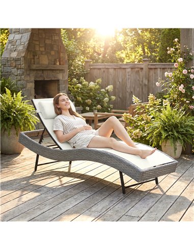 Outsunny Rattan Sun Lounger, Garden Recliner with 5 Position Adjustable Back, S Shaped Texteline Seat, Headrest, Cream White