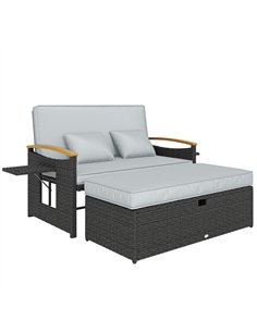 Outsunny Double Garden Rattan Daybed, Wicker Sun Bed Chaise Lounger with Storage Ottoman, 4-Level Adjustable Backrest, Dark Grey