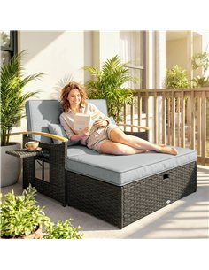 Outsunny Double Garden Rattan Daybed, Wicker Sun Bed Chaise Lounger with Storage Ottoman, 4-Level Adjustable Backrest, Dark Grey 2