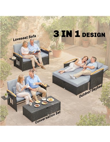Outsunny Double Garden Rattan Daybed, Wicker Sun Bed Chaise Lounger with Storage Ottoman, 4-Level Adjustable Backrest, Dark Grey