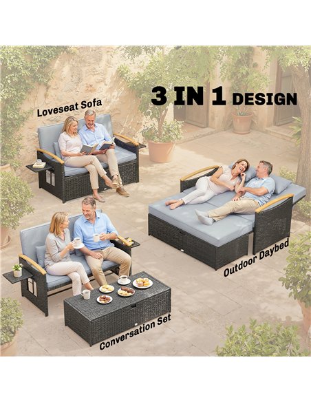 Outsunny Double Garden Rattan Daybed, Wicker Sun Bed Chaise Lounger with Storage Ottoman, 4-Level Adjustable Backrest, Dark Grey - pic 199288 | FastDaddyshop