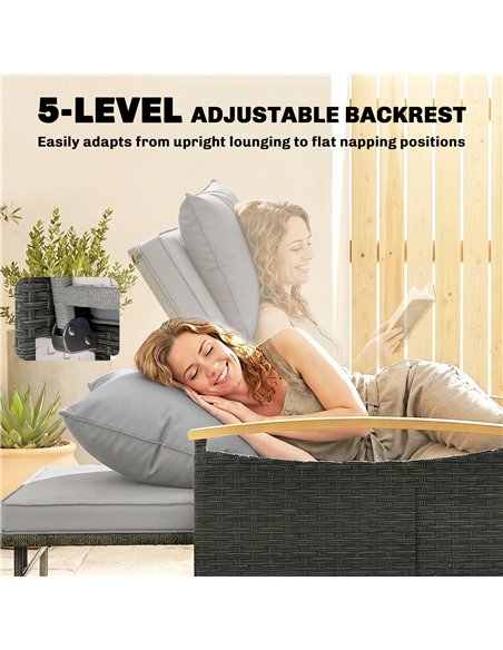 Outsunny Double Garden Rattan Daybed, Wicker Sun Bed Chaise Lounger with Storage Ottoman, 4-Level Adjustable Backrest, Dark Grey - pic 199289 | FastDaddyshop