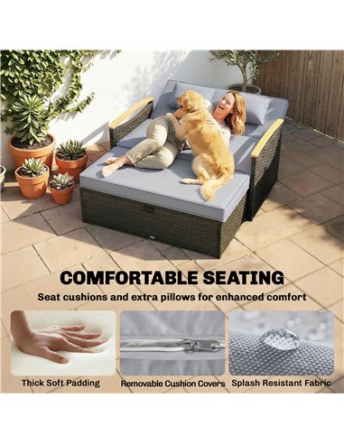 Outsunny Double Garden Rattan Daybed, Wicker Sun Bed Chaise Lounger with Storage Ottoman, 4-Level Adjustable Backrest, Dark Grey