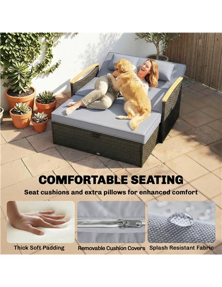 Outsunny Double Garden Rattan Daybed, Wicker Sun Bed Chaise Lounger with Storage Ottoman, 4-Level Adjustable Backrest, Dark Grey - pic 199290 | FastDaddyshop