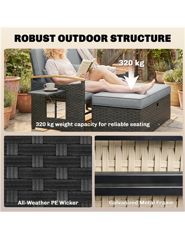 Outsunny Double Garden Rattan Daybed, Wicker Sun Bed Chaise Lounger with Storage Ottoman, 4-Level Adjustable Backrest, Dark Grey