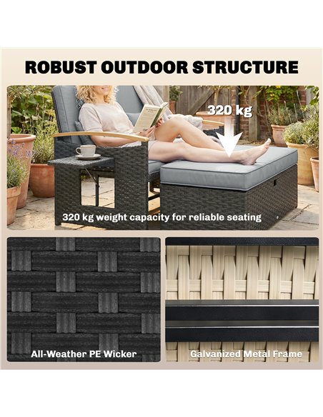 Outsunny Double Garden Rattan Daybed, Wicker Sun Bed Chaise Lounger with Storage Ottoman, 4-Level Adjustable Backrest, Dark Grey - pic 199291 | FastDaddyshop