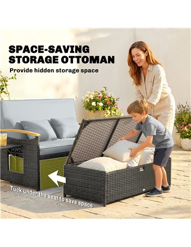 Outsunny Double Garden Rattan Daybed, Wicker Sun Bed Chaise Lounger with Storage Ottoman, 4-Level Adjustable Backrest, Dark Grey