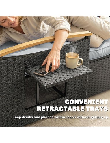 Outsunny Double Garden Rattan Daybed, Wicker Sun Bed Chaise Lounger with Storage Ottoman, 4-Level Adjustable Backrest, Dark Grey