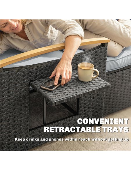 Outsunny Double Garden Rattan Daybed, Wicker Sun Bed Chaise Lounger with Storage Ottoman, 4-Level Adjustable Backrest, Dark Grey - pic 199293 | FastDaddyshop