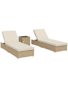 Outsunny Rattan Sun Loungers Set of 2 with Side Table, Garden Recliner Sunbeds with Adjustable Back, Cushions, Beige