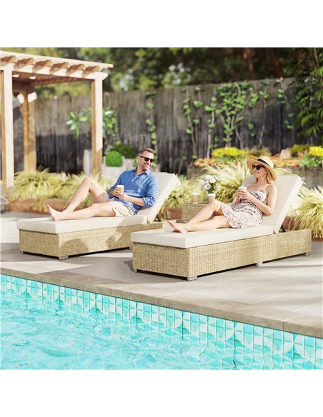 Outsunny Rattan Sun Loungers Set of 2 with Side Table, Garden Recliner Sunbeds with Adjustable Back, Cushions, Beige - pic 199295 | FastDaddyshop