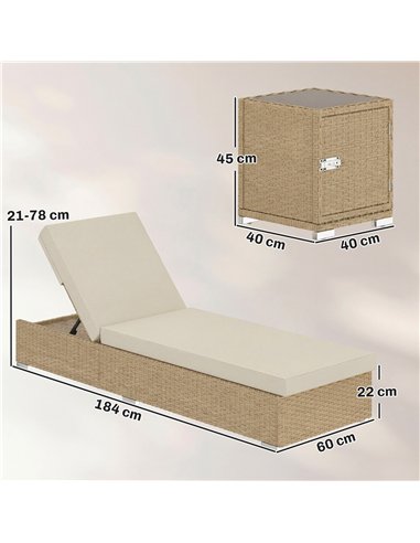 Outsunny Rattan Sun Loungers Set of 2 with Side Table, Garden Recliner Sunbeds with Adjustable Back, Cushions, Beige