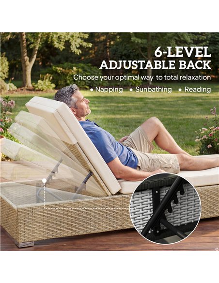 Outsunny Rattan Sun Loungers Set of 2 with Side Table, Garden Recliner Sunbeds with Adjustable Back, Cushions, Beige - pic 199297 | FastDaddyshop