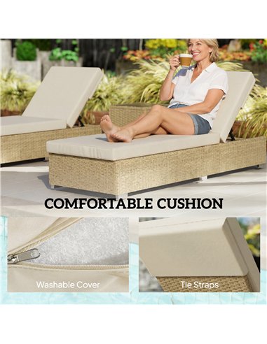 Outsunny Rattan Sun Loungers Set of 2 with Side Table, Garden Recliner Sunbeds with Adjustable Back, Cushions, Beige