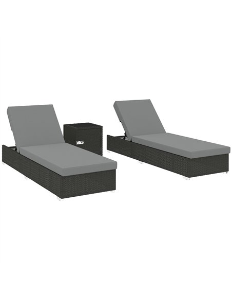 Outsunny Rattan Sun Loungers Set of 2 with Side Table, Garden Recliner Sunbeds with Adjustable Back, Cushions, Dark Grey - pic 199303 | FastDaddyshop