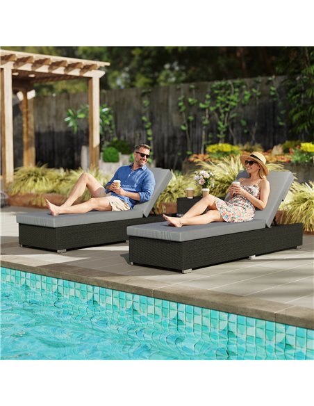 Outsunny Rattan Sun Loungers Set of 2 with Side Table, Garden Recliner Sunbeds with Adjustable Back, Cushions, Dark Grey - pic 199304 | FastDaddyshop