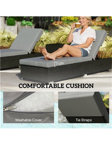 Outsunny Rattan Sun Loungers Set of 2 with Side Table, Garden Recliner Sunbeds with Adjustable Back, Cushions, Dark Grey