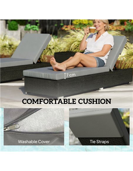 Outsunny Rattan Sun Loungers Set of 2 with Side Table, Garden Recliner Sunbeds with Adjustable Back, Cushions, Dark Grey - pic 199307 | FastDaddyshop