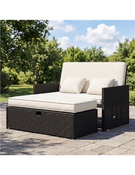 Outsunny Rattan Garden Daybed, Double Sun Lounger with 5-Level Adjustable Back, Storage Ottoman, Cream White - pic 199313 | FastDaddyshop