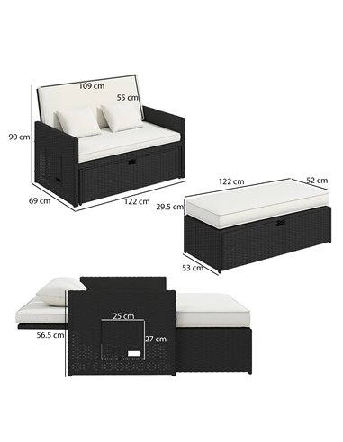 Outsunny Rattan Garden Daybed, Double Sun Lounger with 5-Level Adjustable Back, Storage Ottoman, Cream White