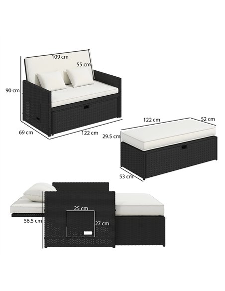 Outsunny Rattan Garden Daybed, Double Sun Lounger with 5-Level Adjustable Back, Storage Ottoman, Cream White - pic 199314 | FastDaddyshop