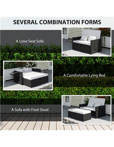 Outsunny Rattan Garden Daybed, Double Sun Lounger with 5-Level Adjustable Back, Storage Ottoman, Cream White