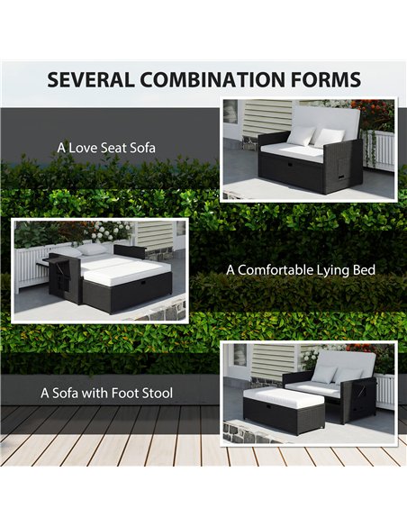 Outsunny Rattan Garden Daybed, Double Sun Lounger with 5-Level Adjustable Back, Storage Ottoman, Cream White - pic 199316 | FastDaddyshop