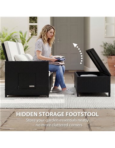Outsunny Rattan Garden Daybed, Double Sun Lounger with 5-Level Adjustable Back, Storage Ottoman, Cream White
