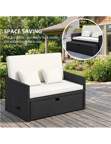 Outsunny Rattan Garden Daybed, Double Sun Lounger with 5-Level Adjustable Back, Storage Ottoman, Cream White