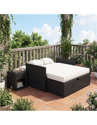 Outsunny Rattan Garden Daybed, Double Sun Lounger with 5-Level Adjustable Back, Storage Ottoman, Cream White