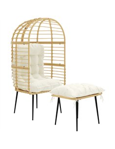 Outsunny Garden Egg Chair with Footstool, Rattan Indoor Outdoor Lounge Chair and Ottoman Set with Thick Cushions, Beige