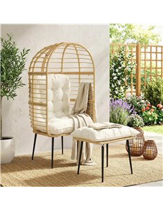 Outsunny Garden Egg Chair with Footstool, Rattan Indoor Outdoor Lounge Chair and Ottoman Set with Thick Cushions, Beige 2