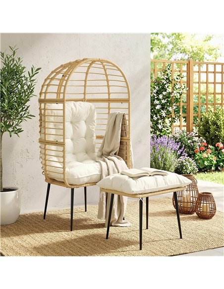 Outsunny Garden Egg Chair with Footstool, Rattan Indoor Outdoor Lounge Chair and Ottoman Set with Thick Cushions, Beige - pic 199322 | FastDaddyshop