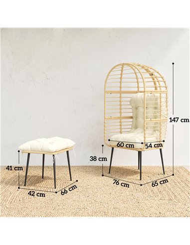 Outsunny Garden Egg Chair with Footstool, Rattan Indoor Outdoor Lounge Chair and Ottoman Set with Thick Cushions, Beige