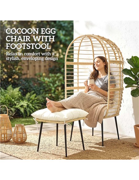 Outsunny Garden Egg Chair with Footstool, Rattan Indoor Outdoor Lounge Chair and Ottoman Set with Thick Cushions, Beige - pic 199324 | FastDaddyshop