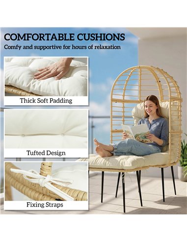 Outsunny Garden Egg Chair with Footstool, Rattan Indoor Outdoor Lounge Chair and Ottoman Set with Thick Cushions, Beige