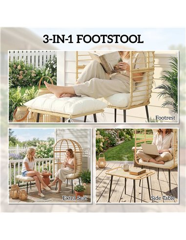 Outsunny Garden Egg Chair with Footstool, Rattan Indoor Outdoor Lounge Chair and Ottoman Set with Thick Cushions, Beige