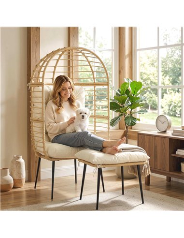 Outsunny Garden Egg Chair with Footstool, Rattan Indoor Outdoor Lounge Chair and Ottoman Set with Thick Cushions, Beige