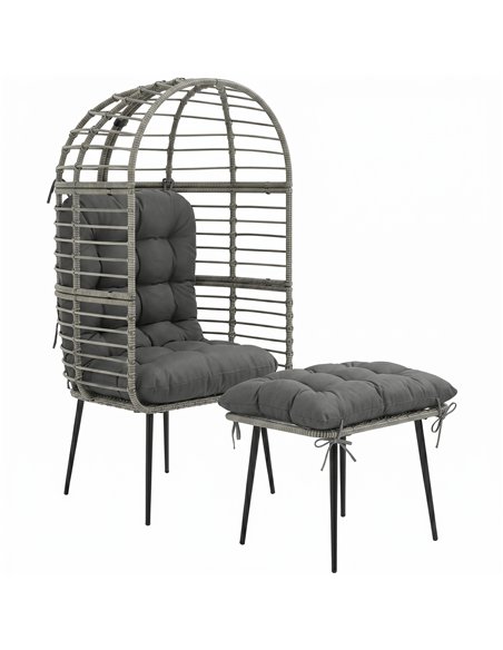 Outsunny Garden Egg Chair with Footstool, Rattan Indoor Outdoor Lounge Chair and Ottoman Set with Thick Cushions, Light Grey - pic 199330 | FastDaddyshop