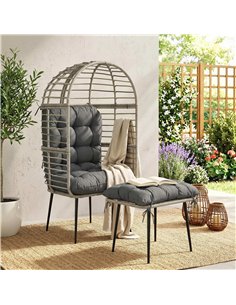 Outsunny Garden Egg Chair with Footstool, Rattan Indoor Outdoor Lounge Chair and Ottoman Set with Thick Cushions, Light Grey 2