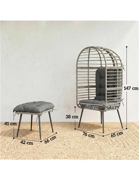 Outsunny Garden Egg Chair with Footstool, Rattan Indoor Outdoor Lounge Chair and Ottoman Set with Thick Cushions, Light Grey - pic 199332 | FastDaddyshop