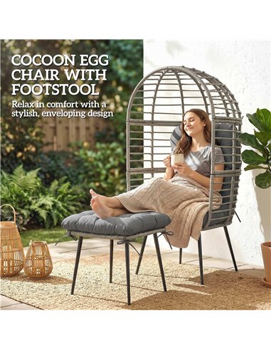 Outsunny Garden Egg Chair with Footstool, Rattan Indoor Outdoor Lounge Chair and Ottoman Set with Thick Cushions, Light Grey