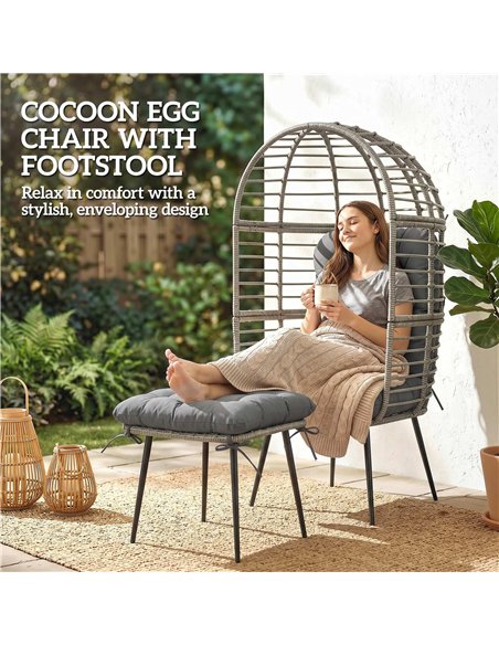 Outsunny Garden Egg Chair with Footstool, Rattan Indoor Outdoor Lounge Chair and Ottoman Set with Thick Cushions, Light Grey - pic 199333 | FastDaddyshop