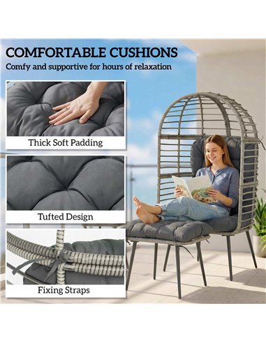 Outsunny Garden Egg Chair with Footstool, Rattan Indoor Outdoor Lounge Chair and Ottoman Set with Thick Cushions, Light Grey