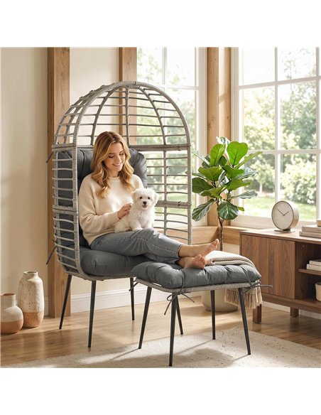 Outsunny Garden Egg Chair with Footstool, Rattan Indoor Outdoor Lounge Chair and Ottoman Set with Thick Cushions, Light Grey - pic 199337 | FastDaddyshop